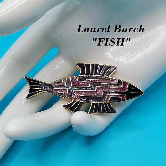 Vintage Laurel Burch Fish Brooch, Cloisonné Enamel Black Brown, Gold Plated 1980 - Picture 1 of 10